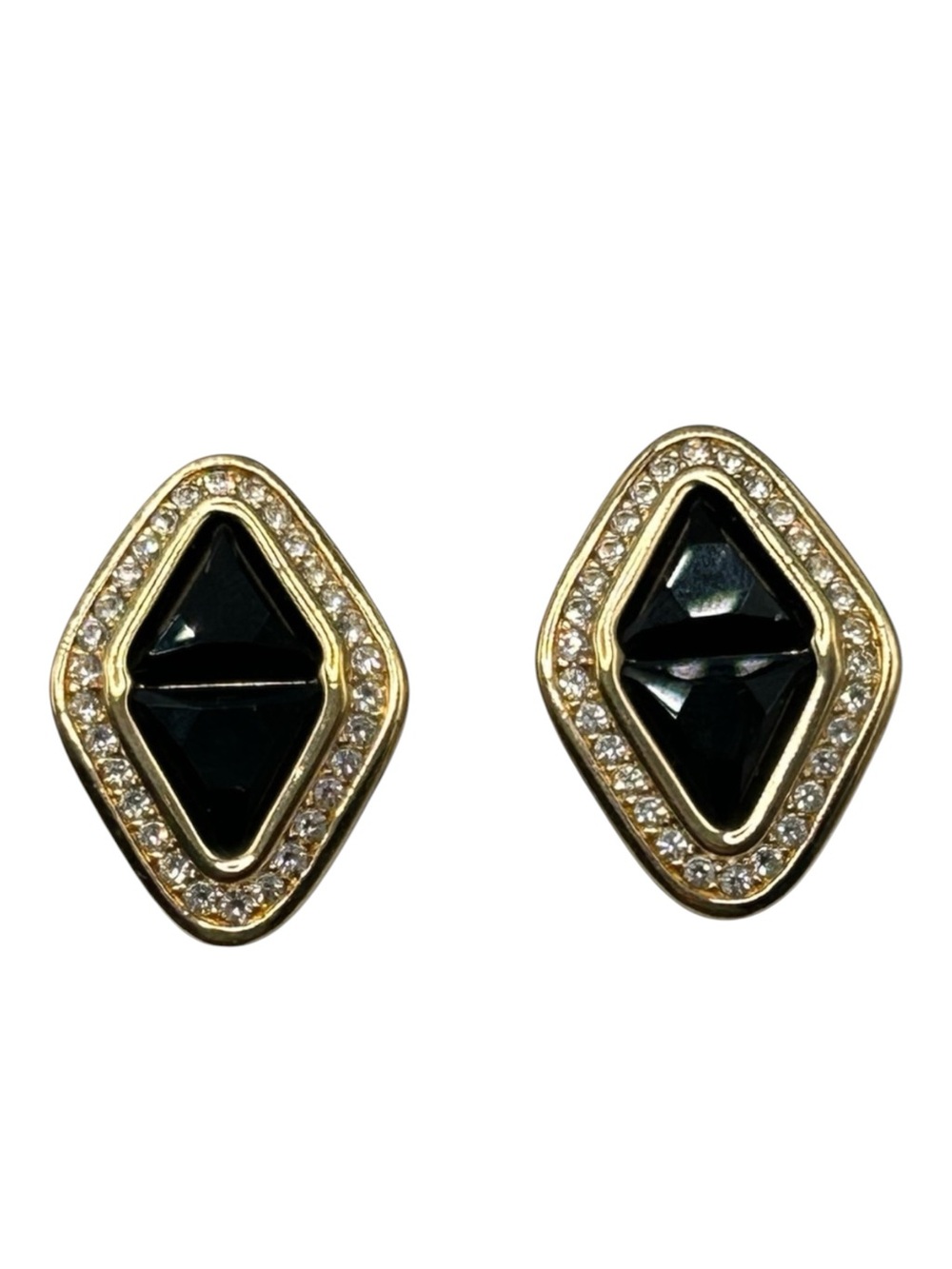 Vintage Signed Swarovski Black and Clear Rhinestone Diamond Shaped Earrings